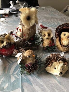 Holiday Decor, 4 Owls, 1 Bird, 1 Hedgehog - Various Sizes, NWT